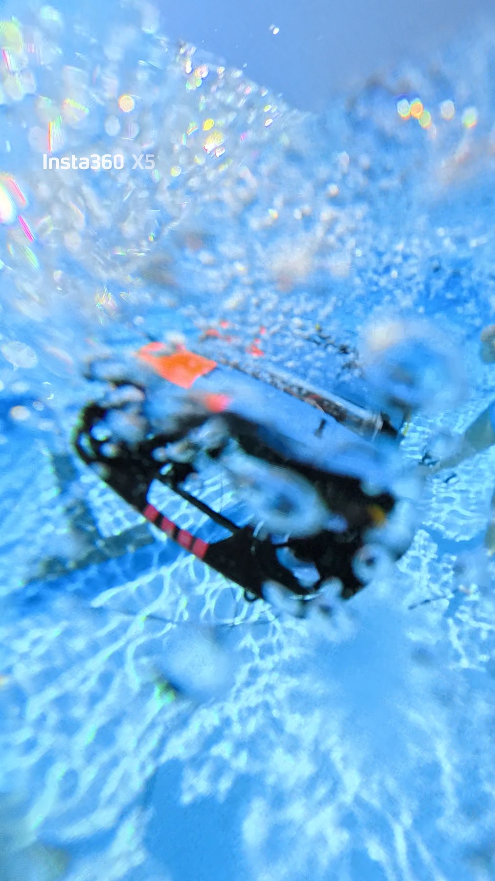 Underwater camera view of Sir. Swims-A-Lot during pool testing